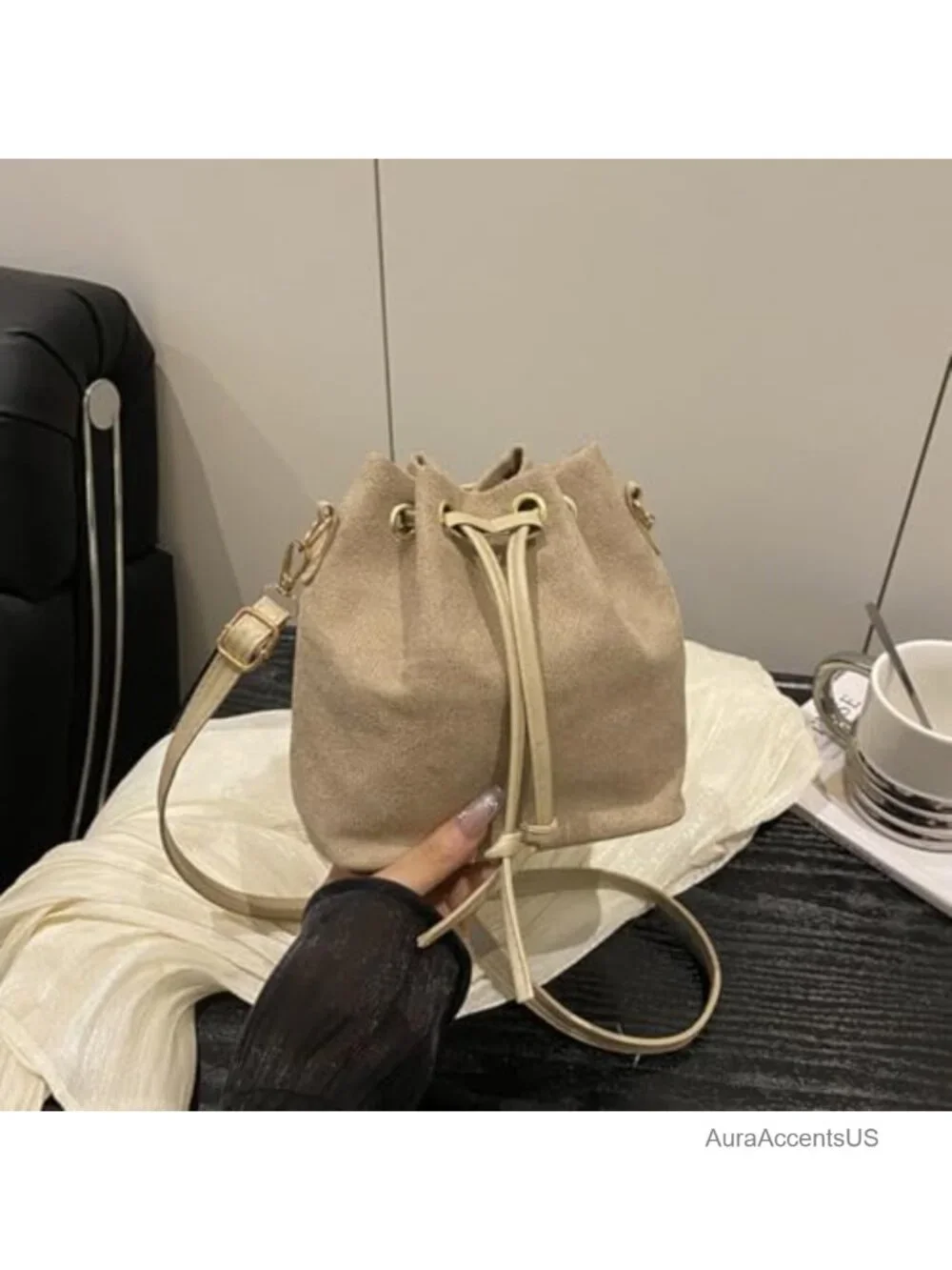Suede Bucket Bag for Women Drawstring Crossbody Hobo Handbag